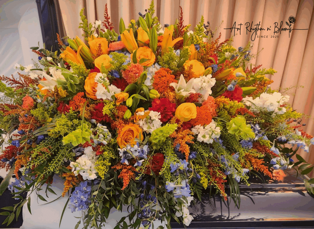 Vibrant mixed flower arrangement with orange, yellow, white, and blue blooms.