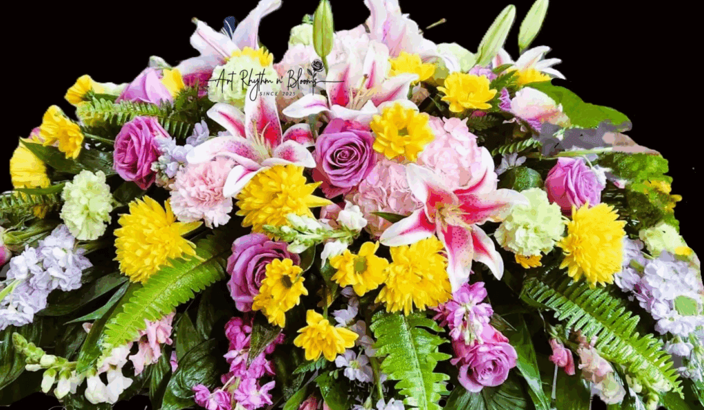 A vibrant bouquet of mixed flowers including pink lilies, yellow blooms, and purple roses.