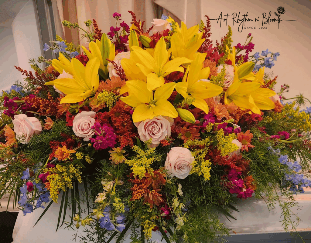 A vibrant floral arrangement with yellow lilies and pink roses.