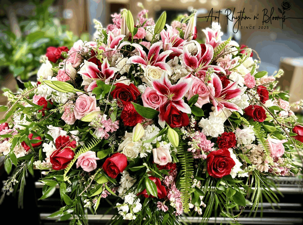 Elegant floral arrangement with lilies, roses, and carnations.