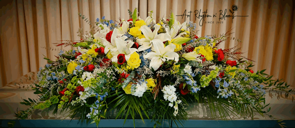 Colorful floral arrangement with white lilies and red roses.