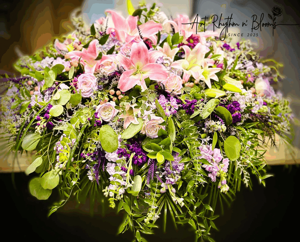 A vibrant bouquet with pink lilies, white flowers, and lush greenery.