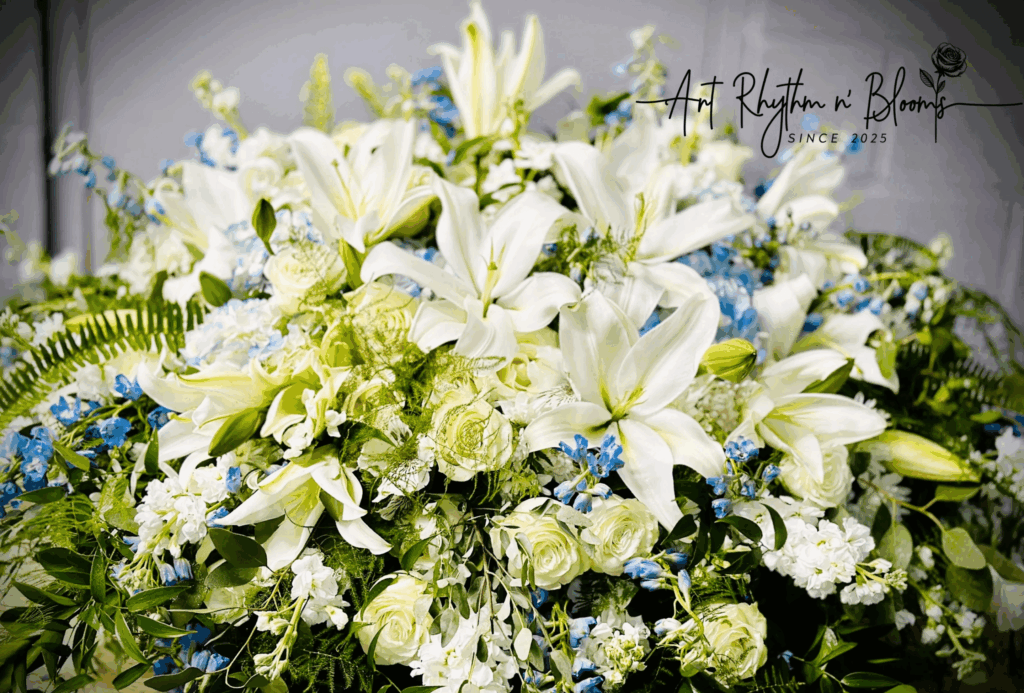 A beautiful bouquet of white lilies and flowers with green accents.