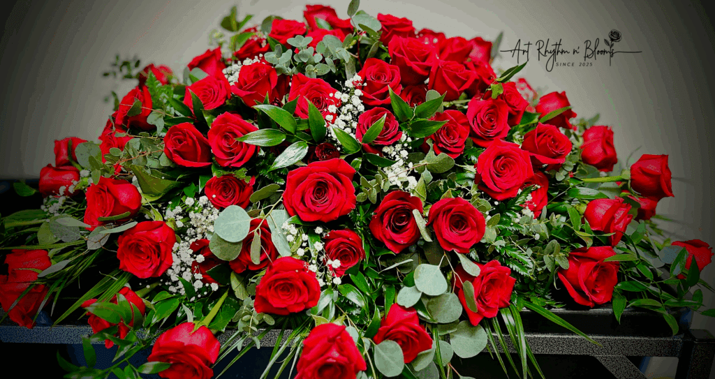 A vibrant bouquet of red roses with green leaves and baby's breath.