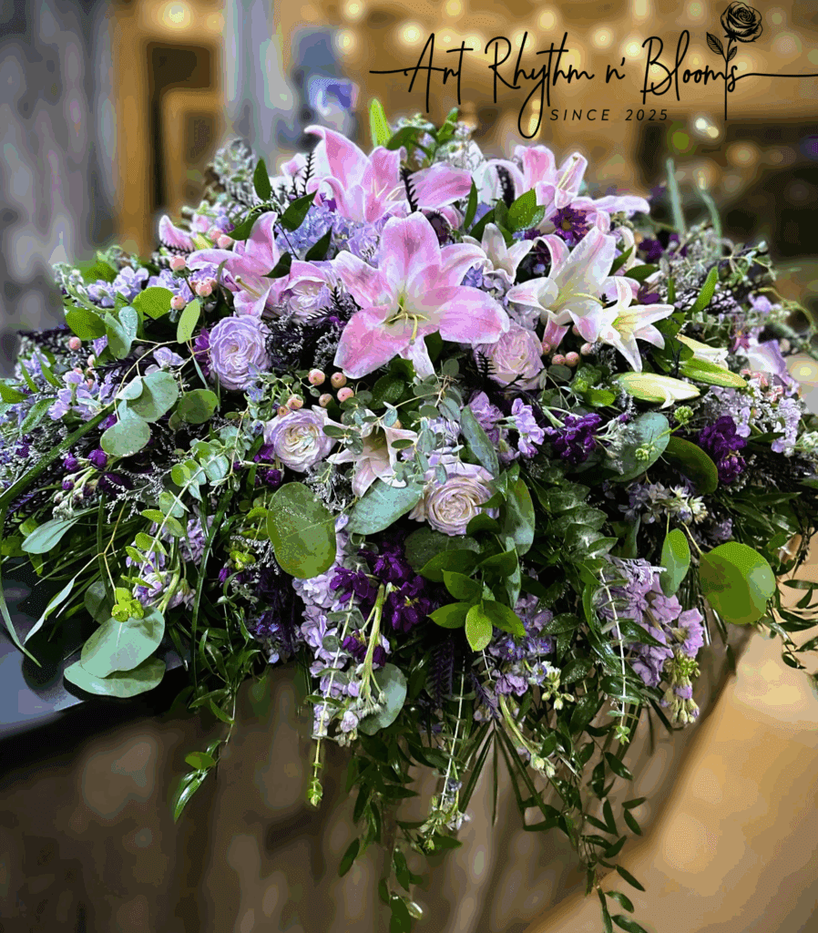 Elegant floral arrangement with pink lilies and lush greenery.