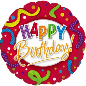 18" Happy Birthday Red, Stripes & Dots Balloon